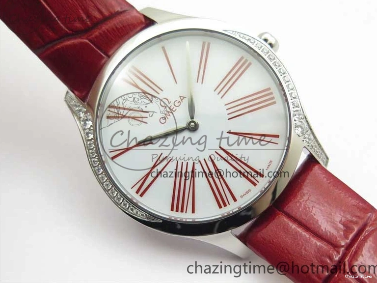 0402 Ladies’ De Ville Trésor Diamond SS 3AF 1:1 Best Edition White Dial On Red Leather Strap Swiss Quartz Snug 7885